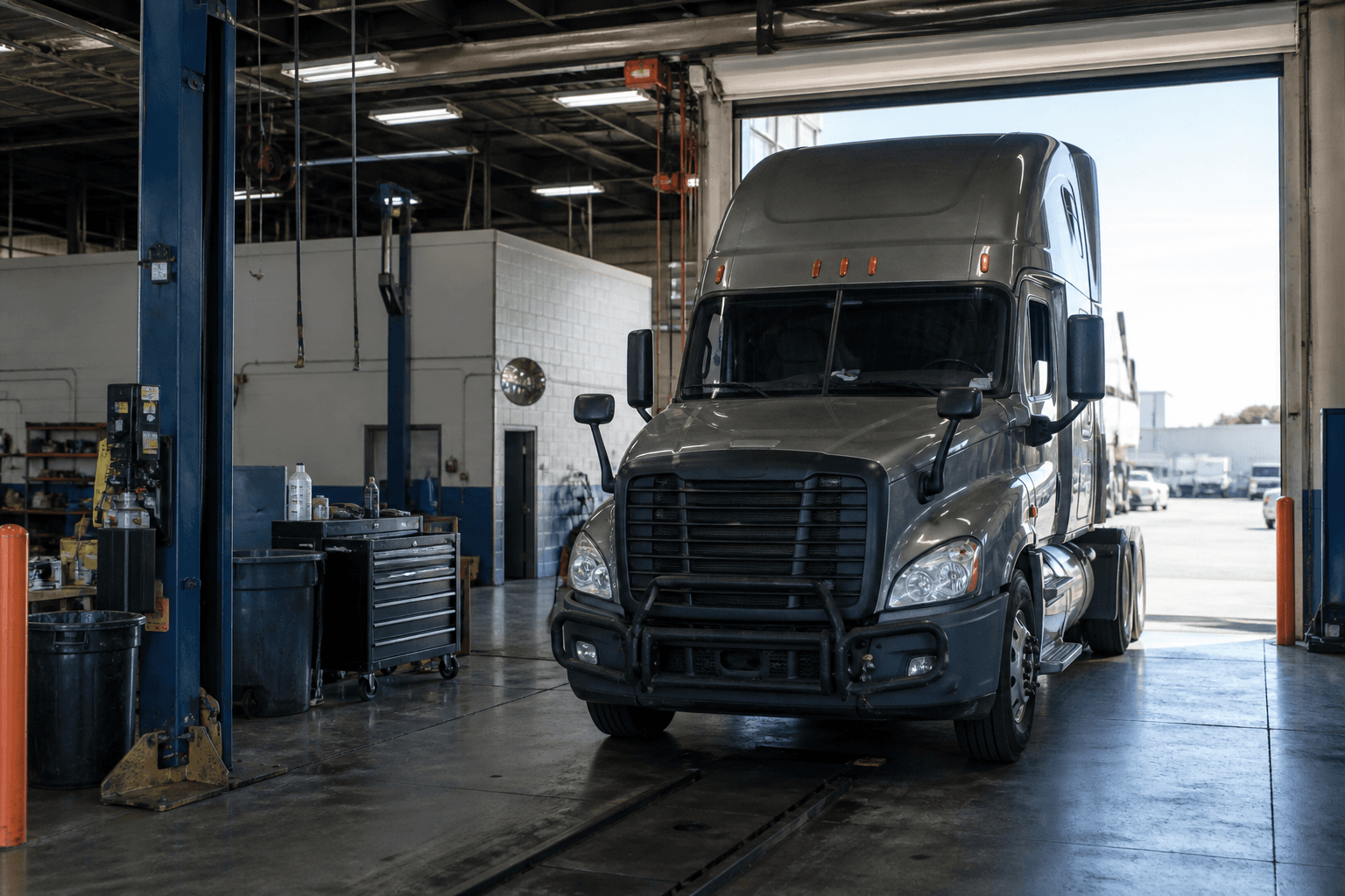 Class 8 semi-truck in an open North Bay Truck Center service bay