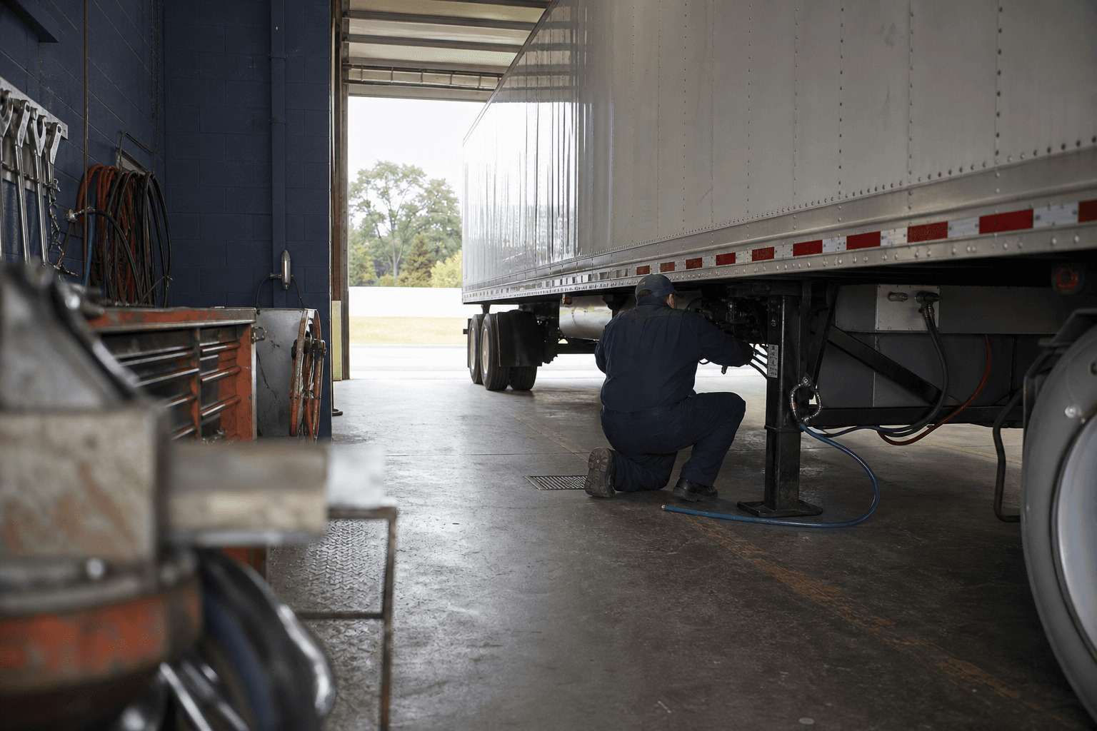 Commercial trailer in a North Bay Truck Center bay for fleet PM